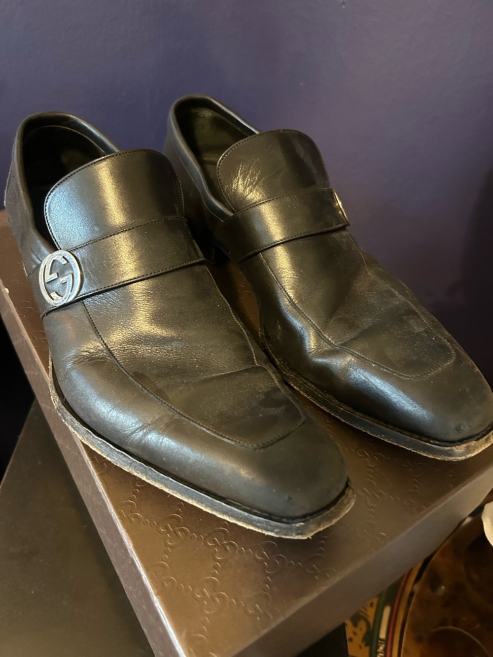Gucci Black Leather Slip-On Loafers with Interlocking G Accent